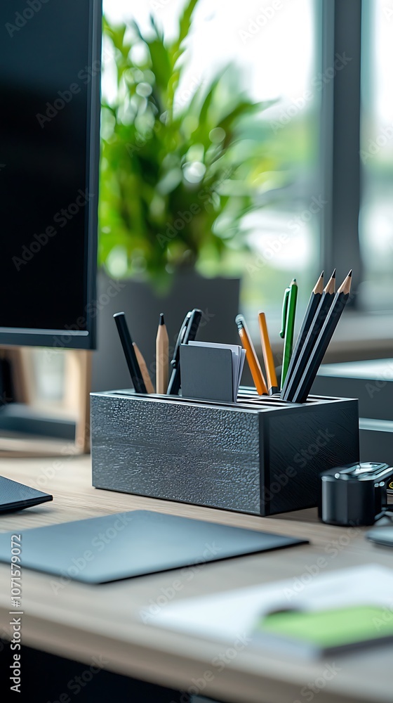 Poster a modern workspace featuring a desk organizer with colorful pens and a plant, creating a vibrant and
