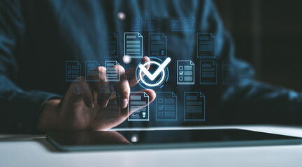 Hand interacts with digital checkmark and documents on dark background, symbolizing online document...