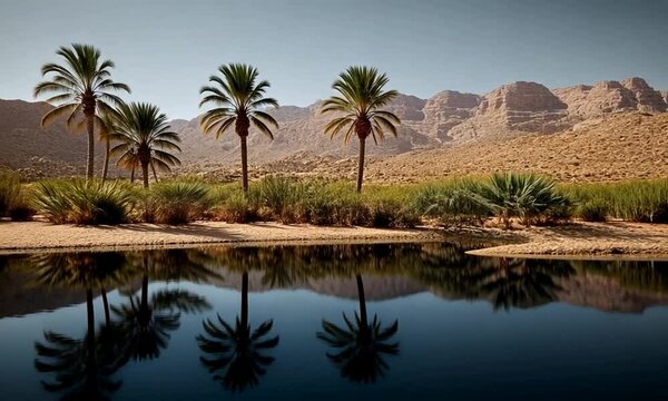 Oasis with palm trees in the desert.