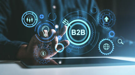 B2B Digital Interface with Icons on Blue Background.