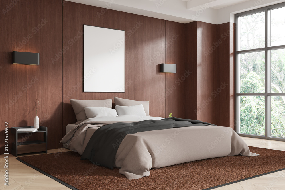Poster modern bedroom with blank canvas for artwork display. 3d rendering