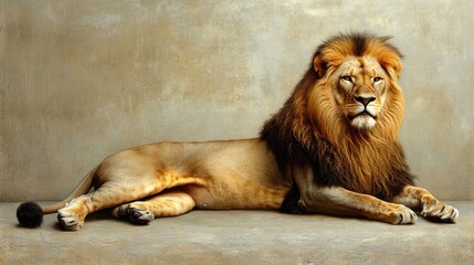 Obraz premium Muscular lion rests in a fierce profile, embodying strength and power. The ferocious lion displays its impressive physique against a backdrop with ample copy space.