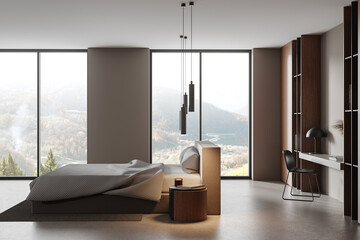 Modern Bedroom Interior with Scenic View. 3D Rendering