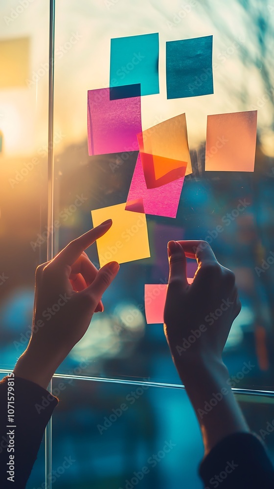Poster hands are arranging colorful sticky notes on a window, with a sunset background, creating an inspiri