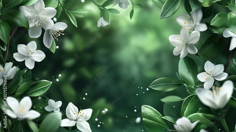 Poster white flowers delicately bloom on a branch surrounded by lush green leaves, creating a serene and re