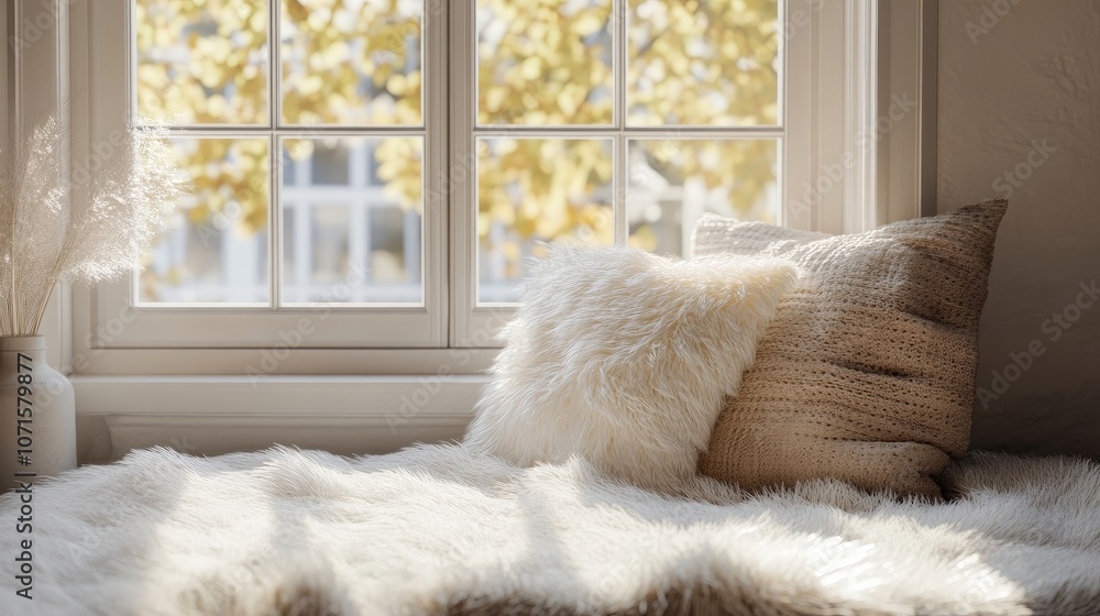 Poster cozy photo scene with fluffy pillows and shiny soft fur on blank mock ups by windows, creating a war