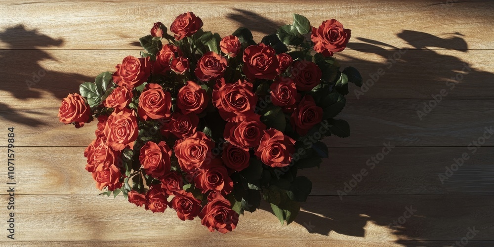 Poster a top down view of a rose bouquet casting a drop shadow on a wooden surface, with space available fo