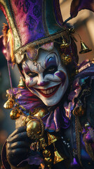Obraz premium Person in jester costume and mask at the festival.