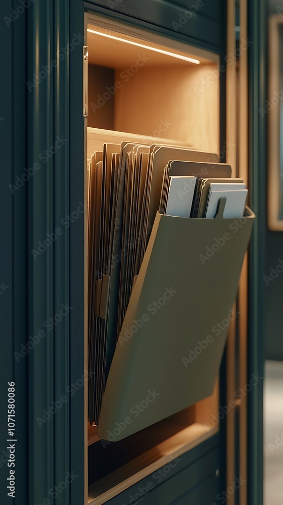 Poster a modern storage compartment with organized files and folders illuminated by subtle lighting.