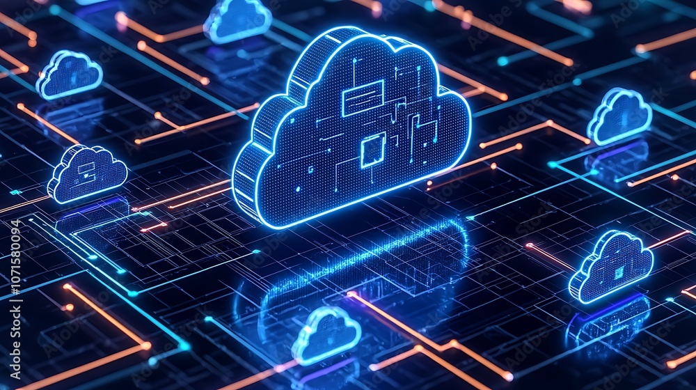 Poster a 3d rendering of blue cloud computing icons with glowing neon orange lines on a black background.