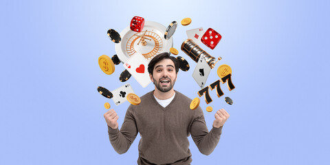 Excited Man Surrounded by Casino Symbols.