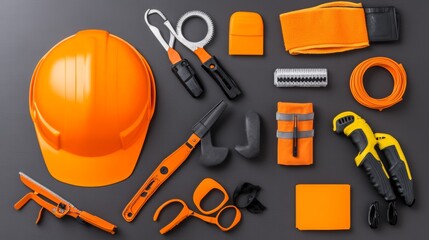 Fototapeta premium Orange Construction Tools Safety Gear Flatlay