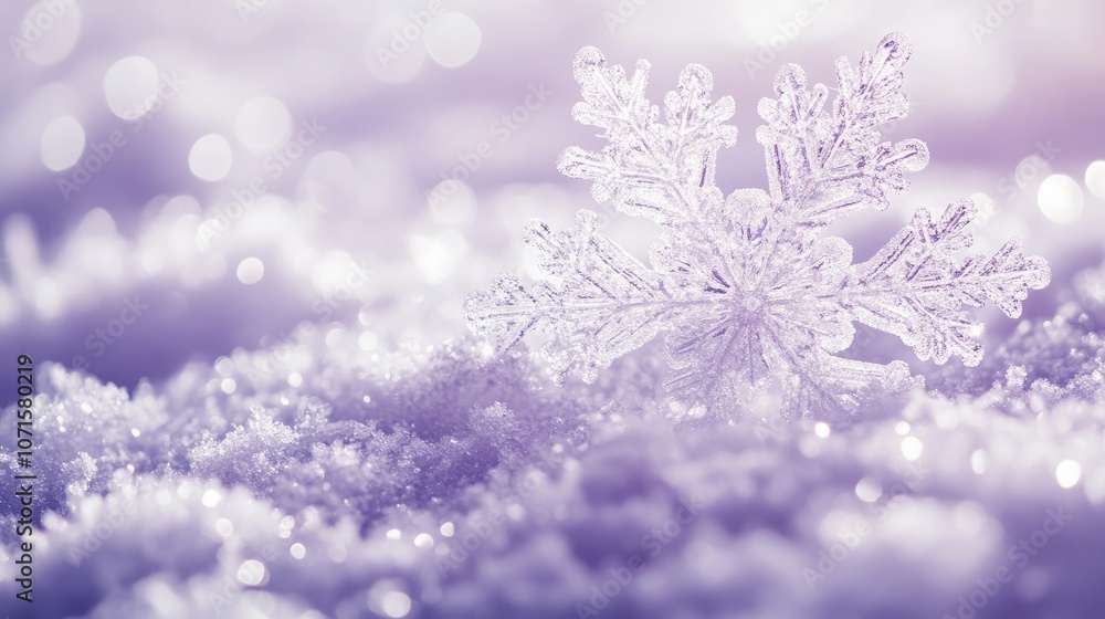 Poster delicate white snowflakes gently descend against a soft violet background, creating a serene winter 