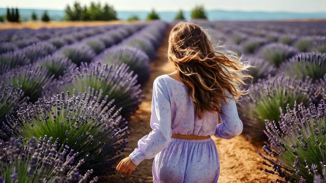 Free-spirited young lovely energetic woman running in stunning lavender flowers field, pretty girl in wild nature feeling of freedom and independence - happy with herself