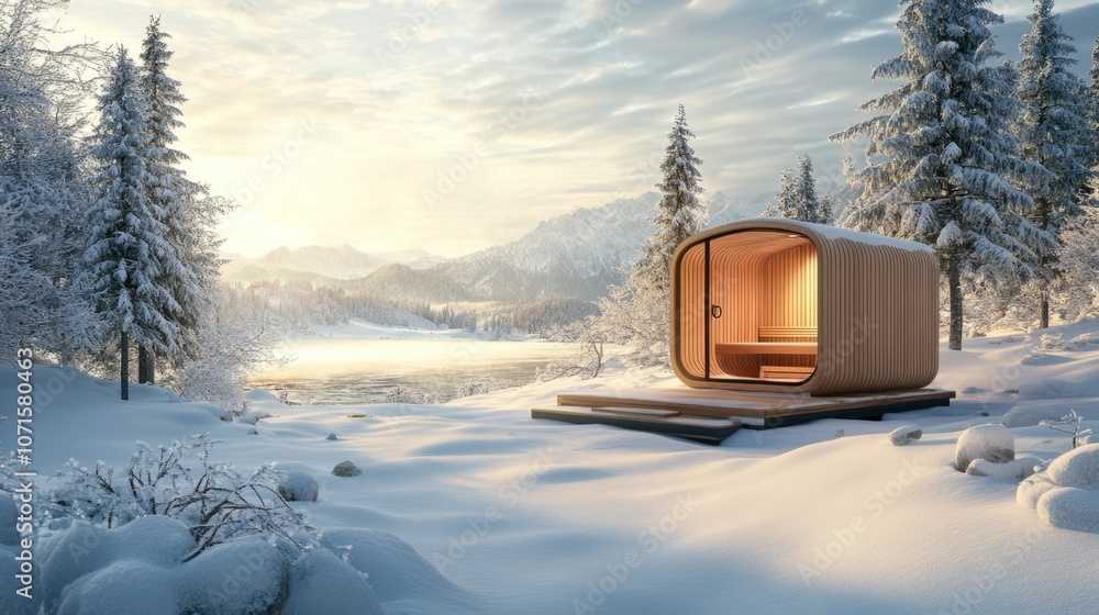 Poster a cabin is built in the woods with a view of a lake