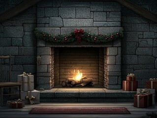 Glowing Christmas fireplace scene with traditional decorations, garlands, and wrapped presents, framed by a cozy room setting and copyspace above.