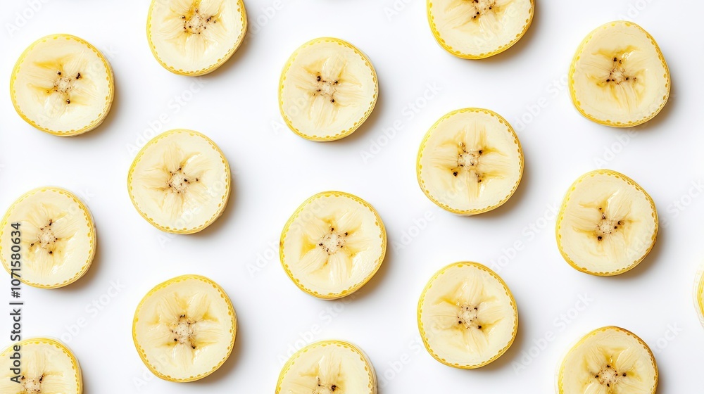 Poster isolated banana slices arranged on a clean white background, emphasizing the fresh and vibrant appea