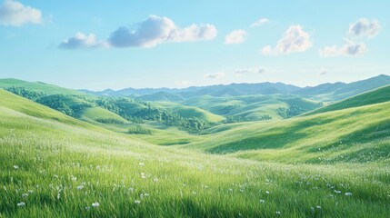 Naklejka premium A tranquil scene of rolling hills and valleys beneath a clear blue sky. The lush fields stretch toward the horizon, evoking a serene natural atmosphere with ample copy space.