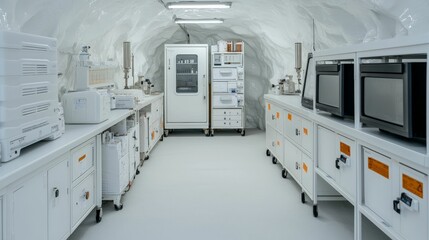 A sterile and modern laboratory space inside an ice cave, featuring various scientific equipment, including ovens and storage units.