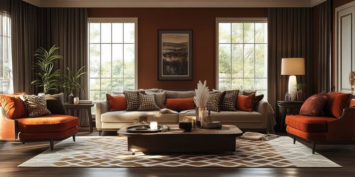 Opulent living room design featuring a palette of warm hues creates an inviting and comfortable atmosphere, highlighting luxury and stylish elegance throughout the space.