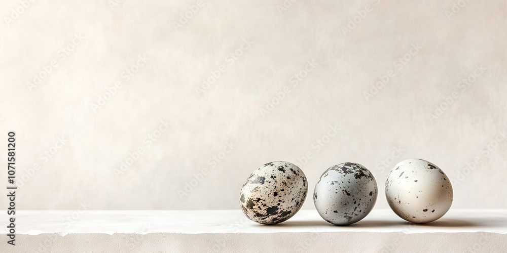 Poster three unprocessed quail eggs with gray shells are placed against a light colored backdrop. the quail