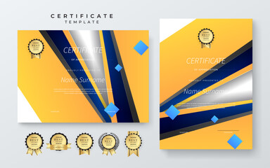 Blue Certificate Template For Appreciation and Achievement. Features geometric shapes and award icons, perfect for professional or educational achievements