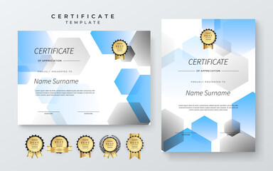 Blue Certificate Of Appreciation Template With Decorative Badges