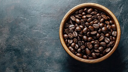 Fototapeta premium Wooden bowl filled with raw coffee beans placed on a desk, perfect for capturing the essence of coffee. Coffee beans are beautifully arranged in the wooden bowl, providing ample copy space.