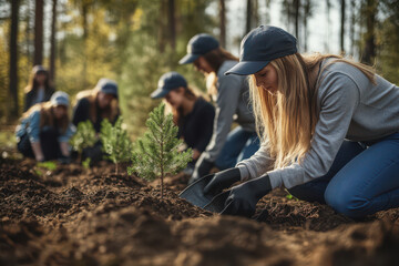 Young women planting trees with family in forest, early spring morning, teamwork concept