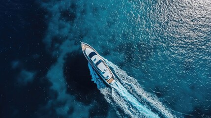 Fototapeta premium Speed scow motoryacht cruising on the ocean, with a spacious master cabin. This image highlights a luxurious motoryacht ideal for ocean adventures, with ample copy space.