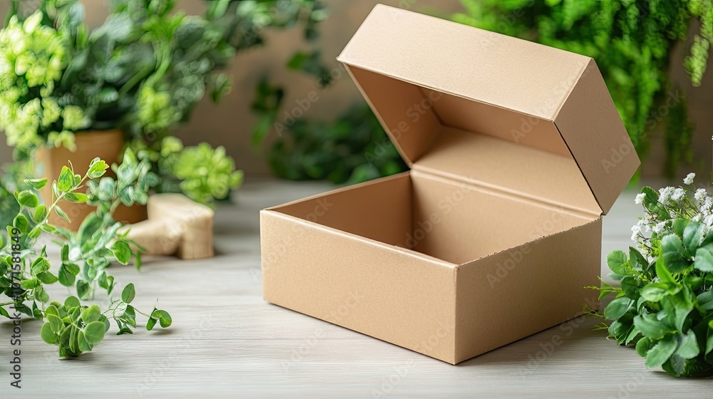 Poster open cardboard box with a cut-out lid, designed to represent a sustainable green system. perfect for