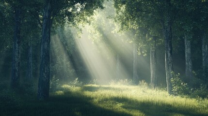 Tranquil forest landscape with sunlight filtering through the trees creates a serene atmosphere, ideal for capturing the essence of nature, with ample copy space for text.