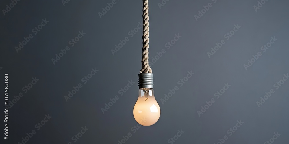 Poster a light bulb suspended by a rope against a gray backdrop. the bulb hangs freely on the gray surface,