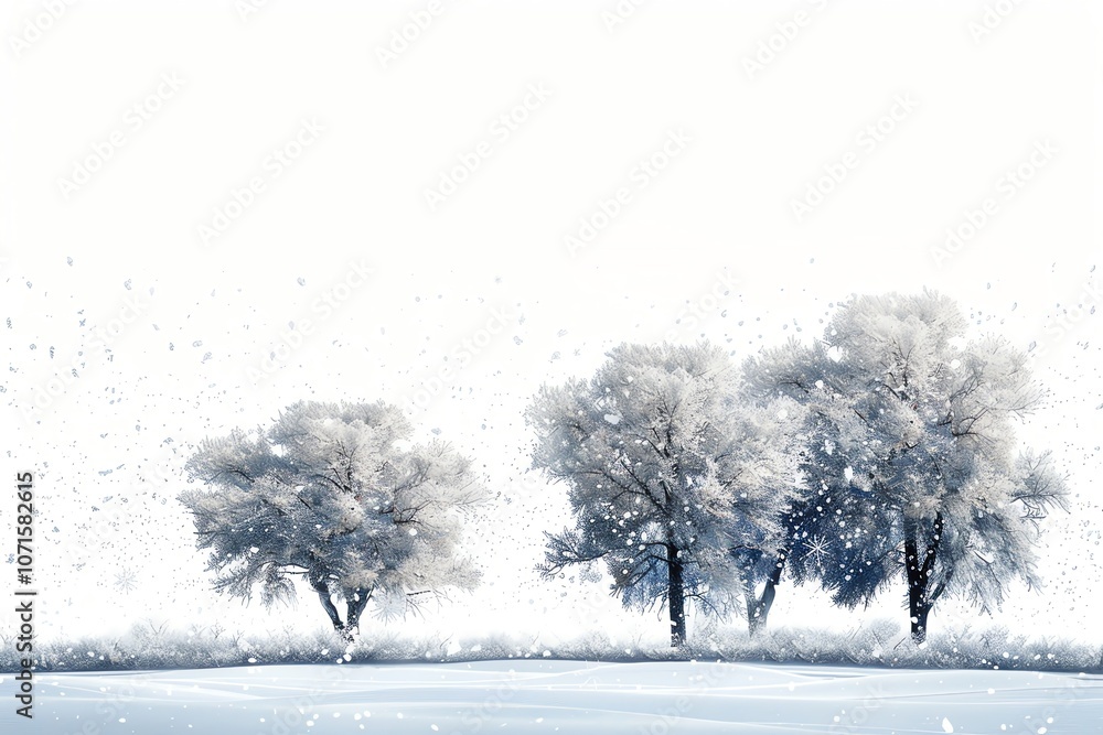 Poster three snow-covered trees stand in a snowy field with falling snow in the background.