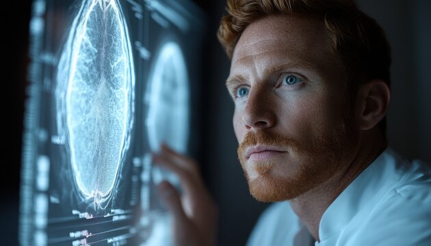 Medical Researcher Analyzing Nerve Scans on Digital Screen in High-Tech Lab, Neuroscience, Neurology, Brain Imaging, Research, Science, Technology, Medical, Healthcare, Innovation, Digital Health