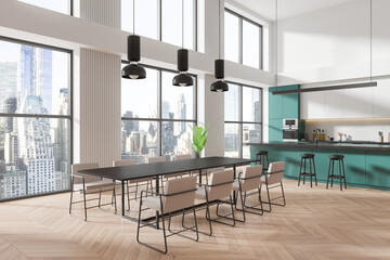 Modern Dining and Kitchen Area with Cityscape View. 3D Rendering