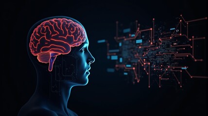 Obraz premium Human Brain vs. Artificial Intelligence: Big Data Processing and Computer Motherboard Concept, Pastel Black Background, Embodying Education, Knowledge, and Creativity with Copy Space