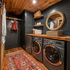 Modern country farmhouse laundry room with washer and dryer 