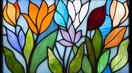 Vibrant Stained Glass Floral Panel Colorful Tulips Spring Flowers Home Decor