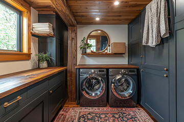 Modern country farmhouse laundry room with washer and dryer 