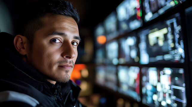 A man is looking at a computer screen with multiple monitors