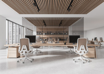 Modern Open Office Space with Wooden Accents. 3D Rendering