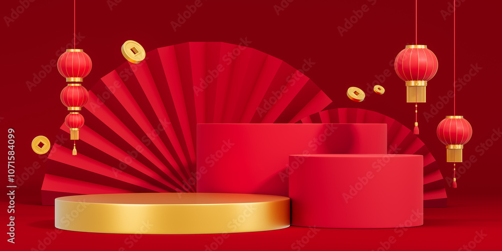 Poster chinese new year podium with lanterns and coins. 3d rendering