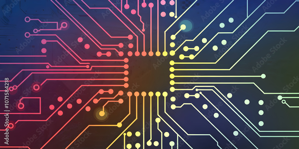 Poster colorful circuit board design with vibrant lines and nodes