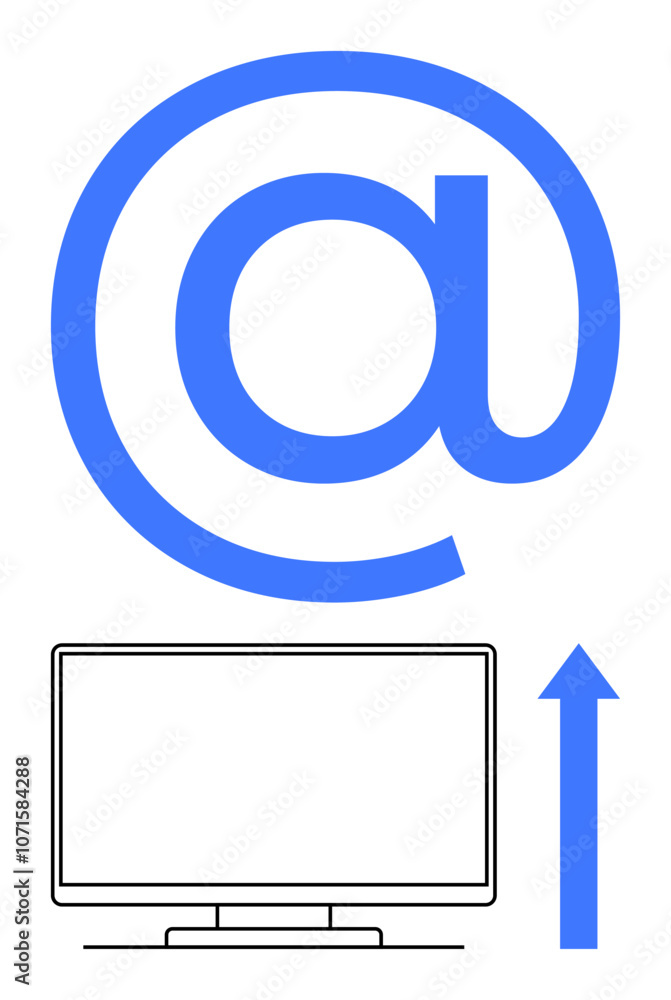 Aufkleber large blue email icon above computer monitor with an upward arrow pointing to the right. ideal for d