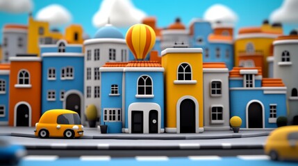 Charming Cartoon Town Colorful Houses Hot Air Balloon Cute Car 3D Render