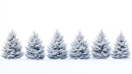 Obraz premium A captivating image of a group of pine trees adorned with a delicate layer of snow creates a serene winter scene against a soft white sky, offering ample photo space.