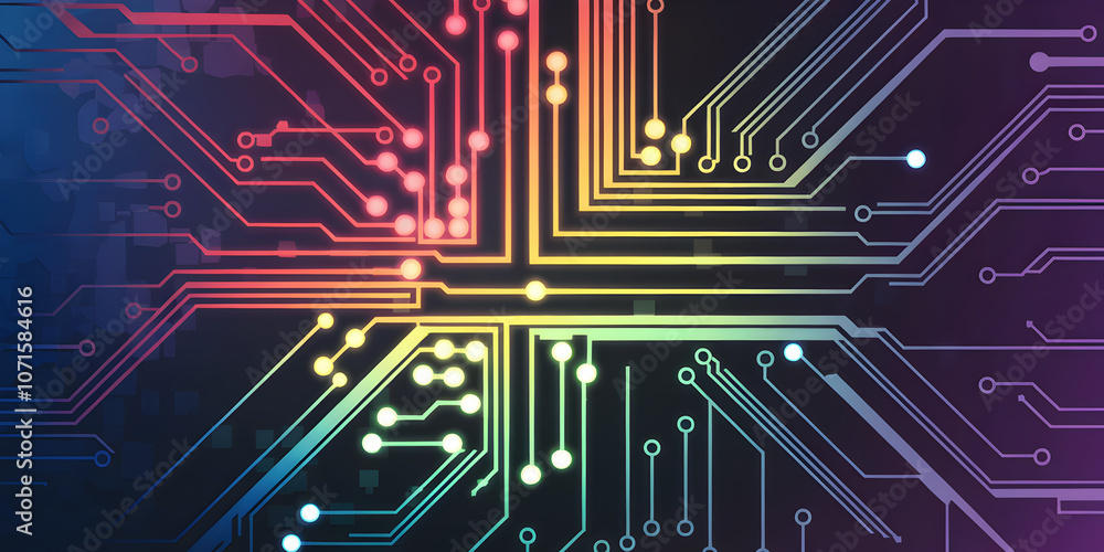 Poster colorful abstract circuit design with vibrant lines and nodes