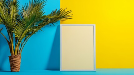 Summer Mockup Blank Frame Palm Plant Blue Yellow Background