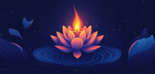 A professional, high-resolution vector design of an abstract lotus flower with a burning candle, set against a dark background. 